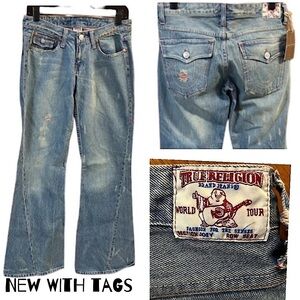 NWT True Religion Joey Jeans Flare distressed twisted seam details med wash 29